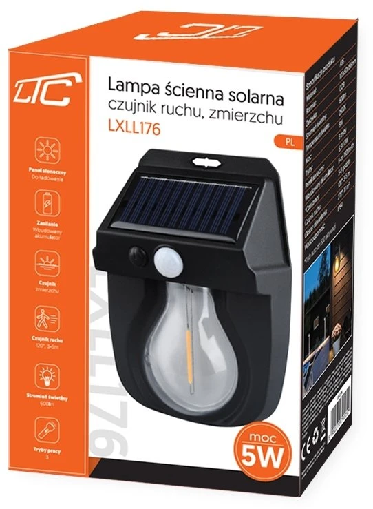 Sieninis šviestuvas LTC LTC Solinė sieninė lempa COB 5W, 600lm, judesio ir prieblandos jutiklis, akumuliatorius 1800mAh (ABS)