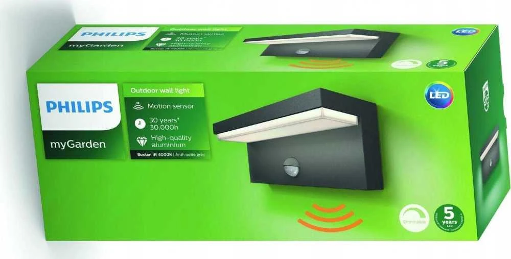 Sieninis šviestuvas 2x4,5W LED sieninis lauko šviestuvas PHILIPS BUSTAN, antracito sp., 2700K, IP44, su judesio davikliu