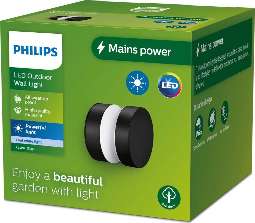 Sieninis šviestuvas LED šviestuvas PHILIPS LAVEN 929003362501, 6 W, IP44, juodas