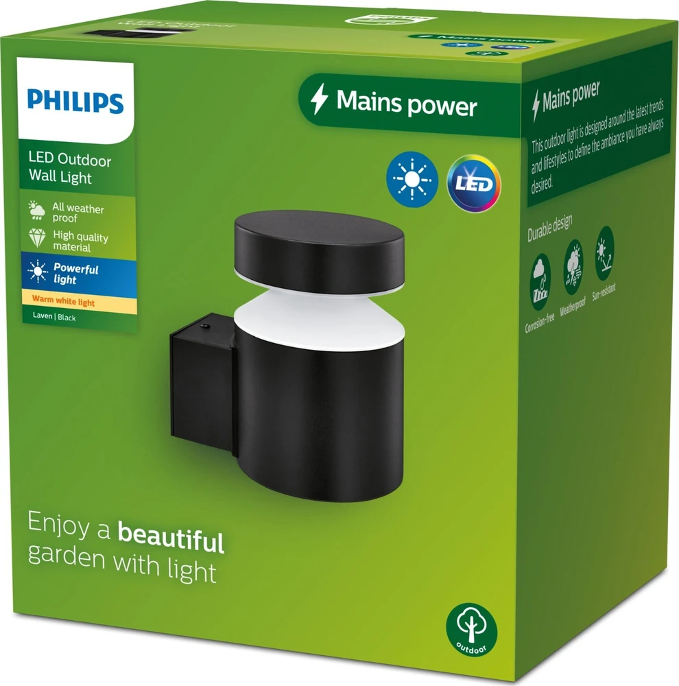 Sieninis šviestuvas LED šviestuvas PHILIPS LAVEN 929003362201, 6 W, IP44, juodas