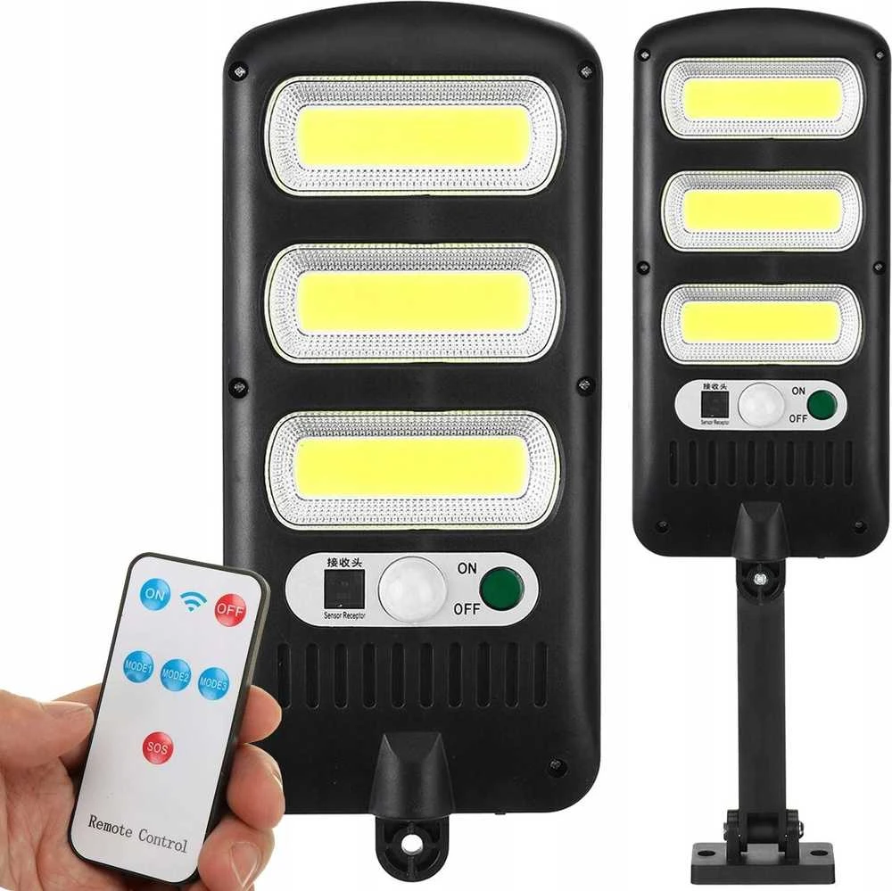 Sieninis šviestuvas LTC Saulės šviestuvas LTC 3 x LED COB 24 W, 1800 lm, judesio ir prieblandos jutiklis, 1800 mAh baterija, pultelis.