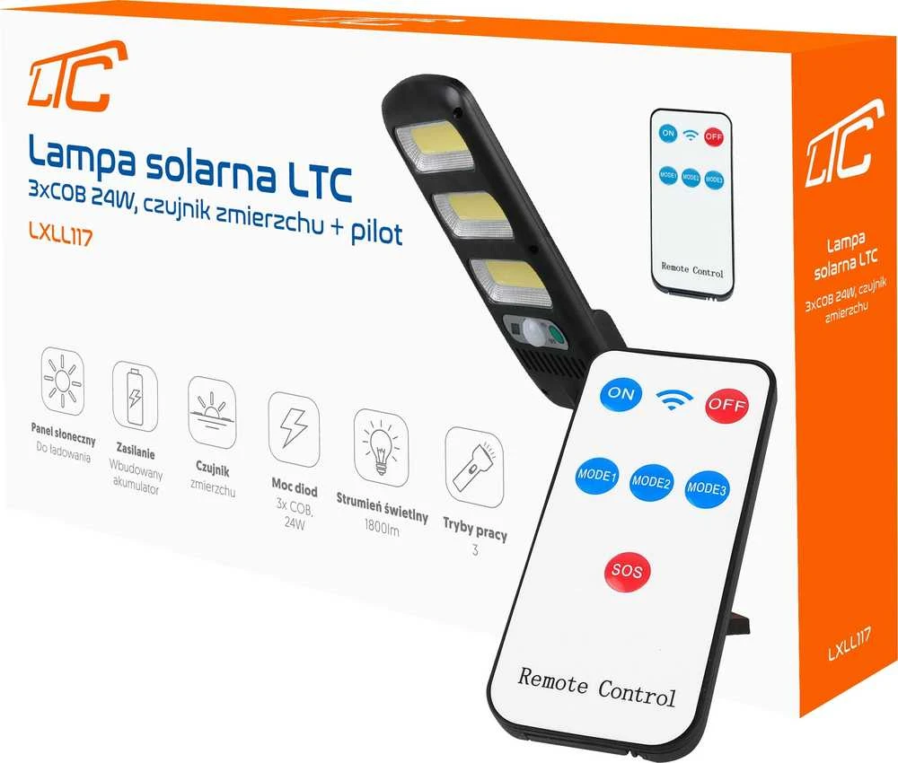 Sieninis šviestuvas LTC Saulės šviestuvas LTC 3 x LED COB 24 W, 1800 lm, judesio ir prieblandos jutiklis, 1800 mAh baterija, pultelis.