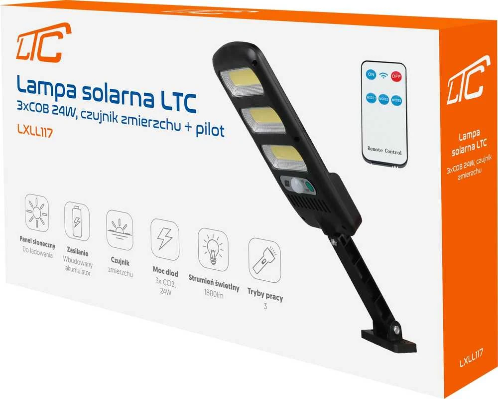 Sieninis šviestuvas LTC Saulės šviestuvas LTC 3 x LED COB 24 W, 1800 lm, judesio ir prieblandos jutiklis, 1800 mAh baterija, pultelis.