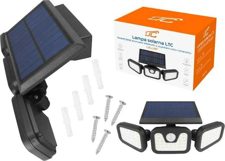 Sieninis šviestuvas LTC Saulės šviestuvas LTC 74 x SMD LED, 20 W, judesio ir prieblandos jutiklis, apšvietimo kampo reguliavimas, 2400 mAh baterija.
