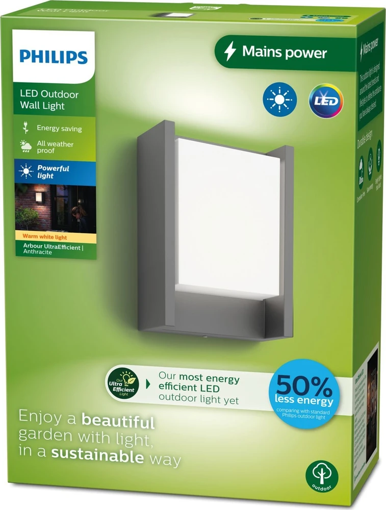 Sieninis šviestuvas Signify „Philips Outdoor A-Label Arbour Wand UE“ 3,8 W 27 K antracito spalvos