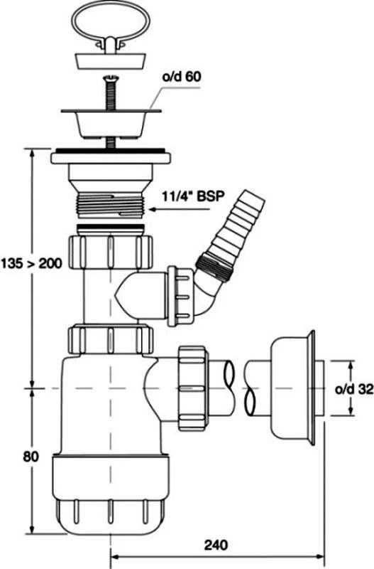 McAlpine butelinis sifonas 5/4'' DN32 žemas baltas (HC1LWM)