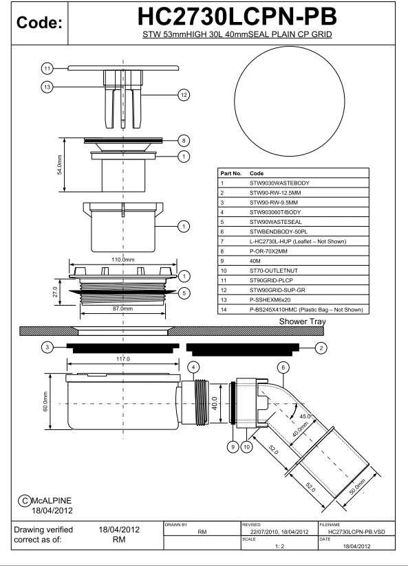 McAlpine sifonas Dušo padėklo sifonas su 90 mm chromo dangteliu (HC2730LCPN-PB)