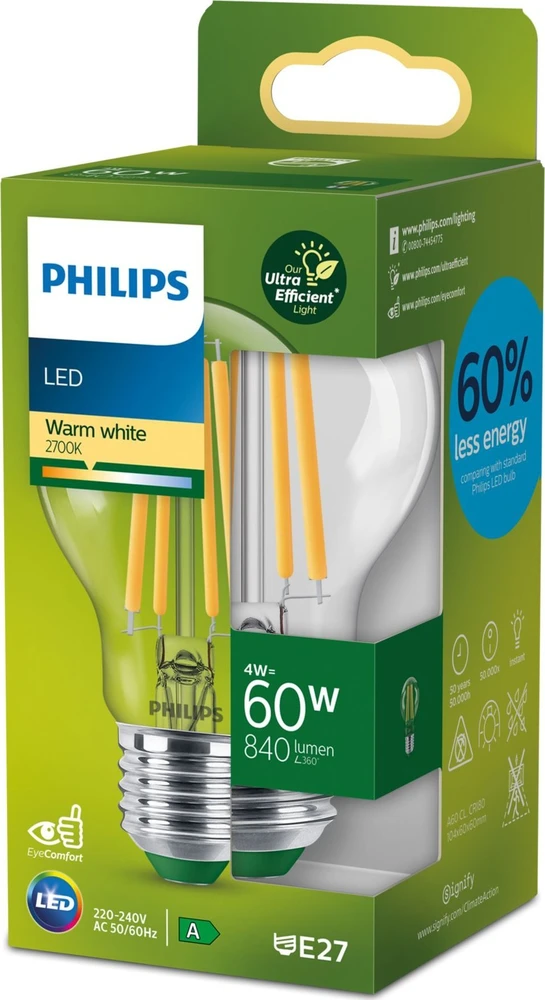 Signify LED lemputė PHILIPS ULTRA EFFICIENT, E27, A60, 4W (=60W), 2700K, 840lm, 210l/W, CL UE SRT4