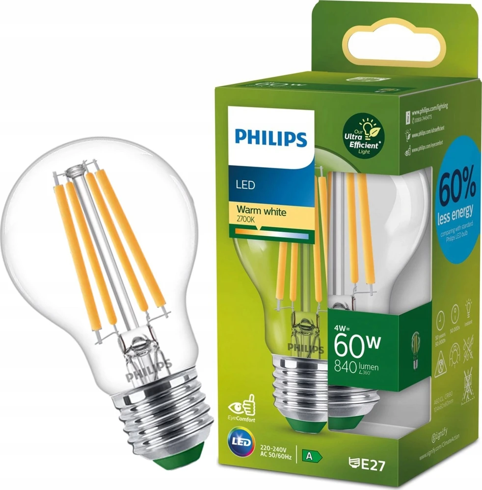 Signify LED lemputė PHILIPS ULTRA EFFICIENT, E27, A60, 4W (=60W), 2700K, 840lm, 210l/W, CL UE SRT4