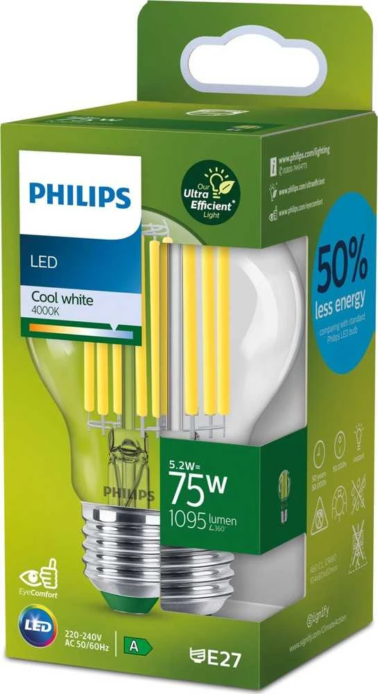 „Signify Philips Classic LED-A-Label“ lempa 75 W E27, skaidrus neutraliai baltas
