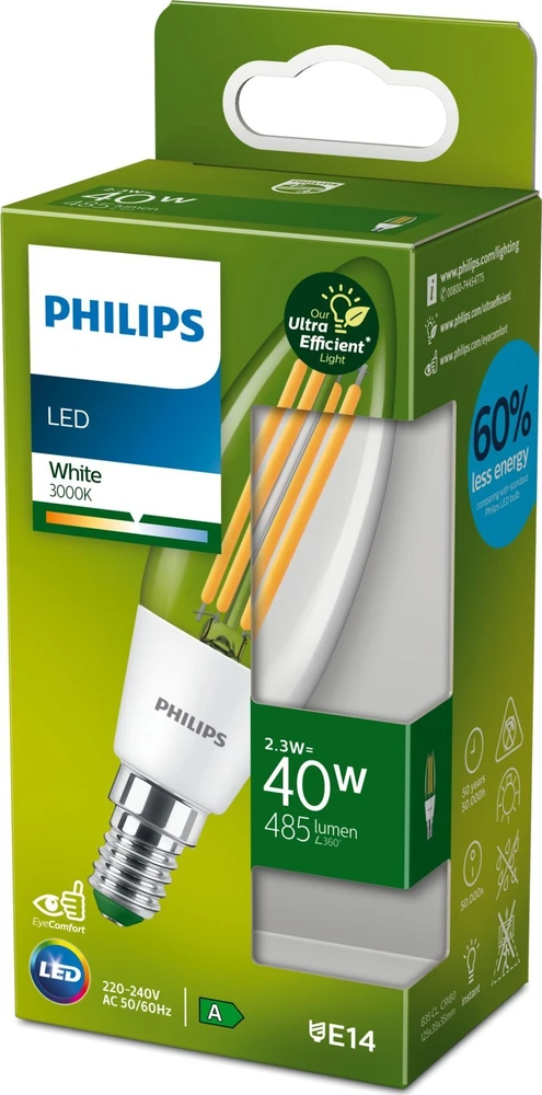 Philips LEMPUTĖ LED E14 B35 2.3W 3000K 485LM FIL