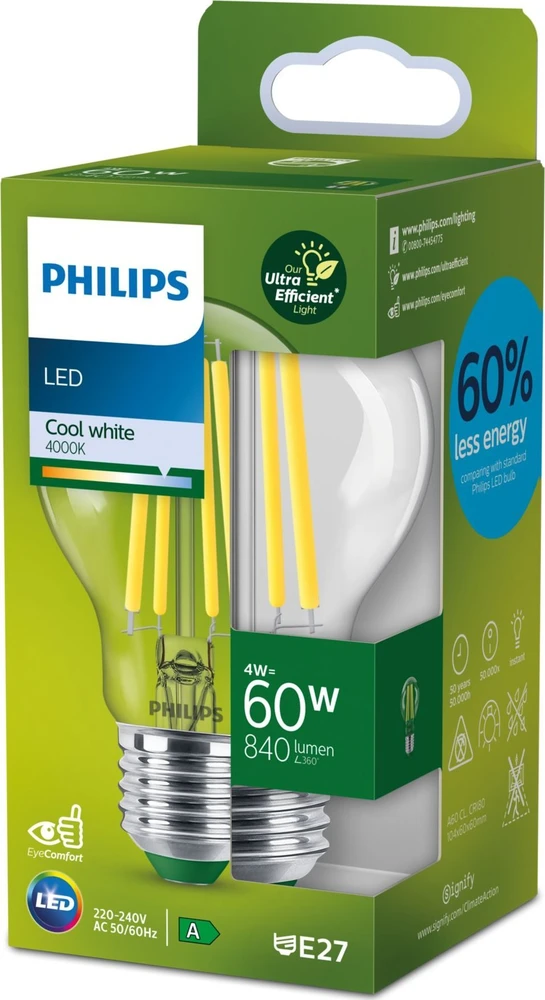 Signify Philips Skaidri kaitrinė lemputė 60 W A60 E27, 4 W, 60 W, E27, 840 lm, 50 000 h, Šaltai balta
