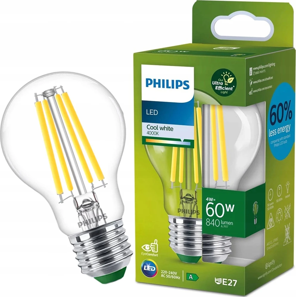 Signify Philips Skaidri kaitrinė lemputė 60 W A60 E27, 4 W, 60 W, E27, 840 lm, 50 000 h, Šaltai balta