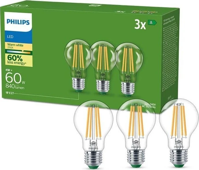 Signify Philips Classic LED lempa su 60W, E27 lizdu, skaidri, šiltai balta (2700K)