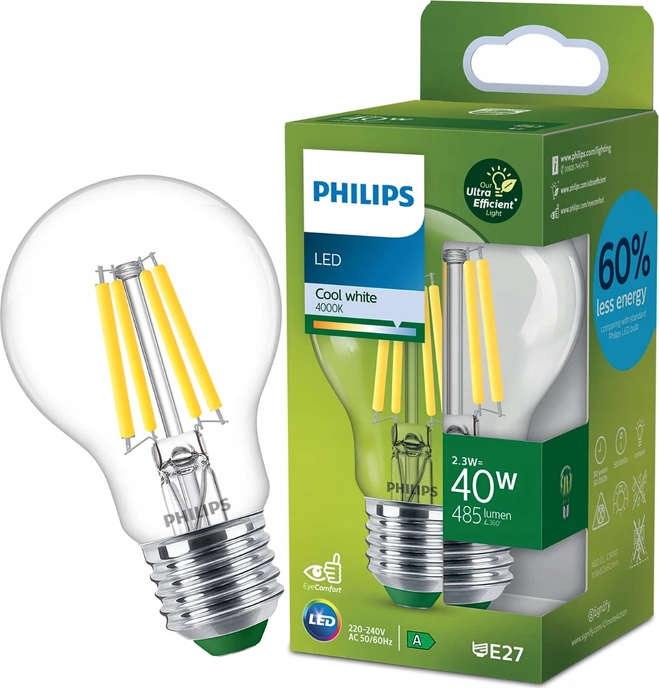 Signify „Philips Classic LED-A-Label“ lemputė, 40 W, E27, skaidri neutrali balta