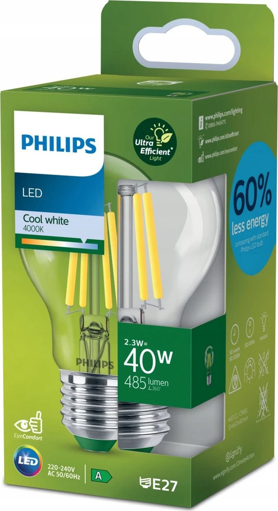 Signify „Philips Classic LED-A-Label“ lemputė, 40 W, E27, skaidri neutrali balta