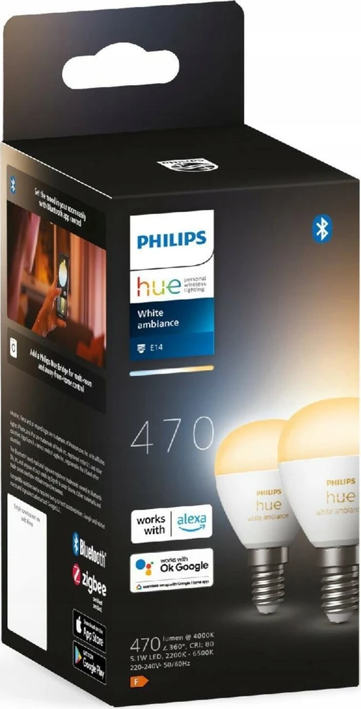 „Philips Hue Baltas Ambiance“ sferos dviguba pakuotė, E14, 470 lm