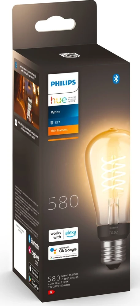 Philips Hue W 7.2W Filament ST64 E27 | E27 | 7 W | Minkštas baltas 2100K | Bluetooth ir Zigbee