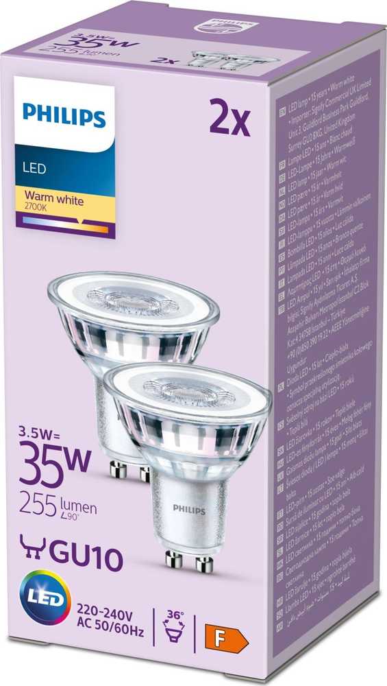 Signify „Philips“ klasikinė LED lemputė, 35 W, GU10, šiltai balta, 255 lm, sidabrinė, 2 vnt. pakuotėje