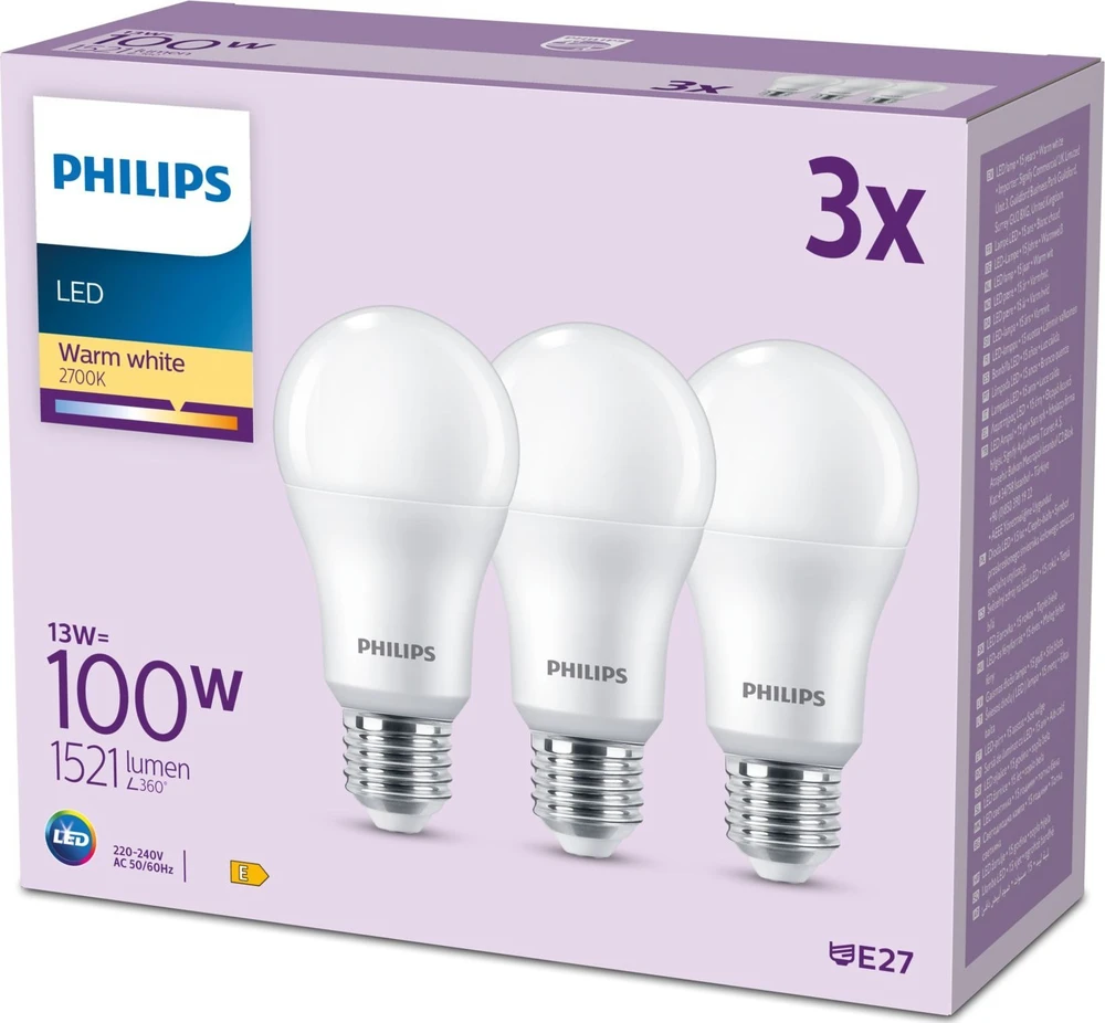 Signify Philips LED klasikinė lempa 100 W E27 šilta balta 1521 lm matinė, 3 vnt. P