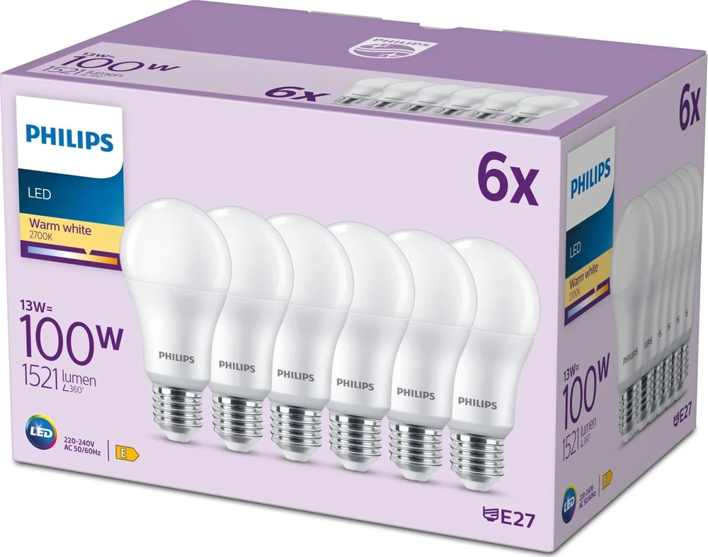 Signify „Philips“ LED įprasta lempa su 100 W, E27 pagrindu, matinė, šiltai balta (2700 K) pakuotė po 6