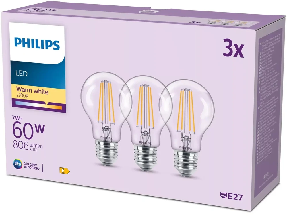 Signify Philips LED Classic lemputė 60W A60 E27 WW CL ND 3CT/4EC