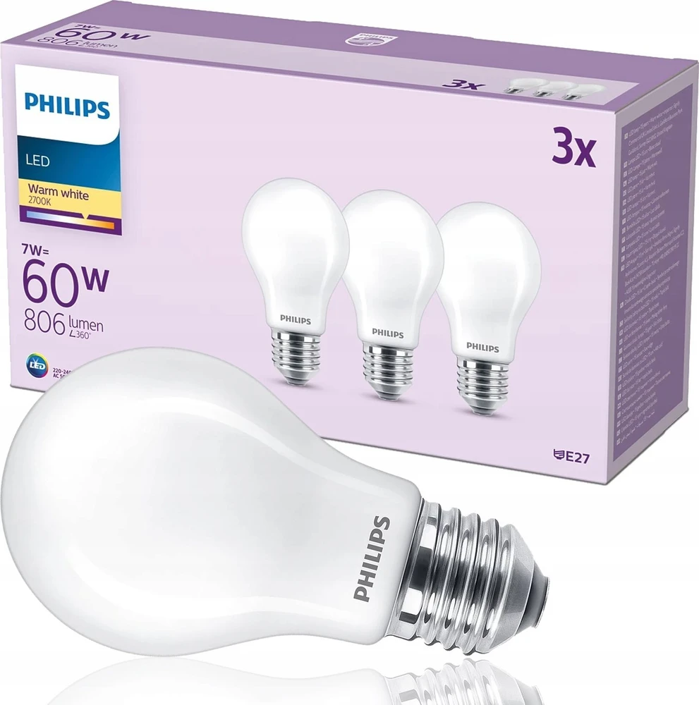 „Signify Philips“ LED klasikinė lempa 60 W E27 šiltai balta 806 lm matinė 3 P