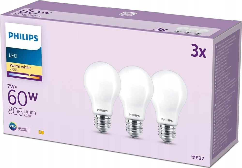 „Signify Philips“ LED klasikinė lempa 60 W E27 šiltai balta 806 lm matinė 3 P