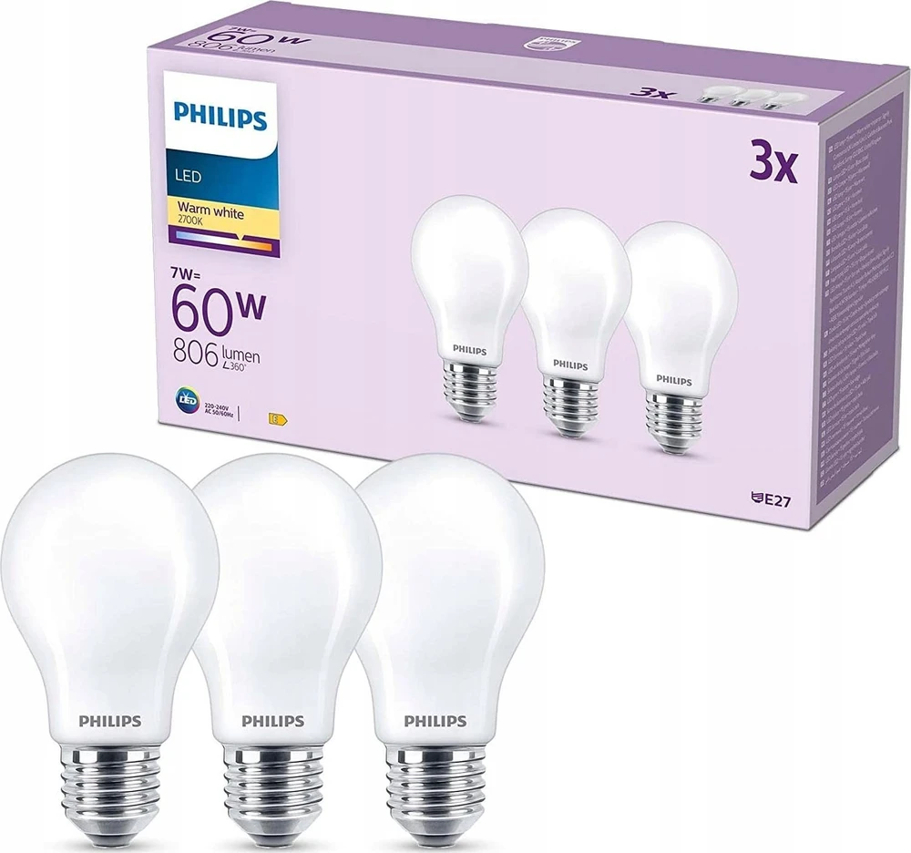 „Signify Philips“ LED klasikinė lempa 60 W E27 šiltai balta 806 lm matinė 3 P