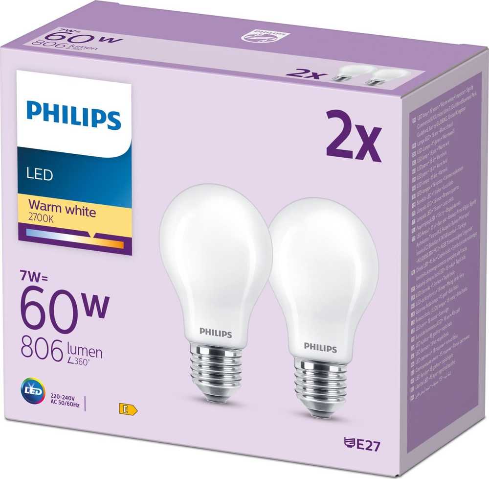 Signify „Philips“ LED klasikinė lempa, 60 W, E27, šiltai balta, 806 lm, matinė, 2 vnt. pakuotėje