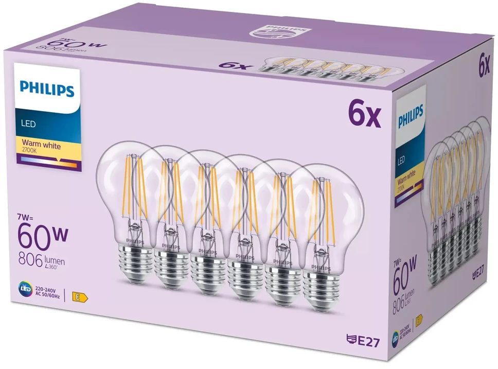 Signify Philips LED Classic lemputė 60W A60 E27 WW CL ND 6CT/4EC