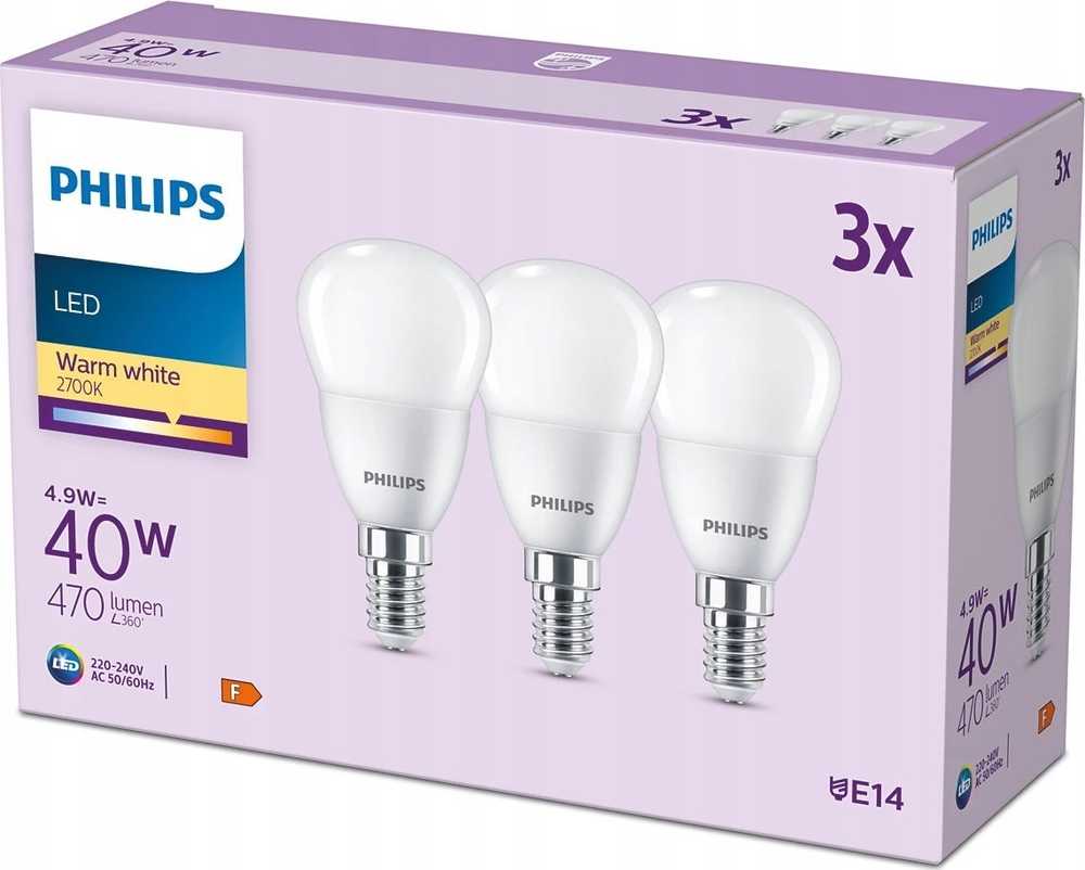 Signify „Philips“ LED klasikinė lempa 40W E14, šiltai balta, 470lm, matinė, 3 vnt. pakuotėje