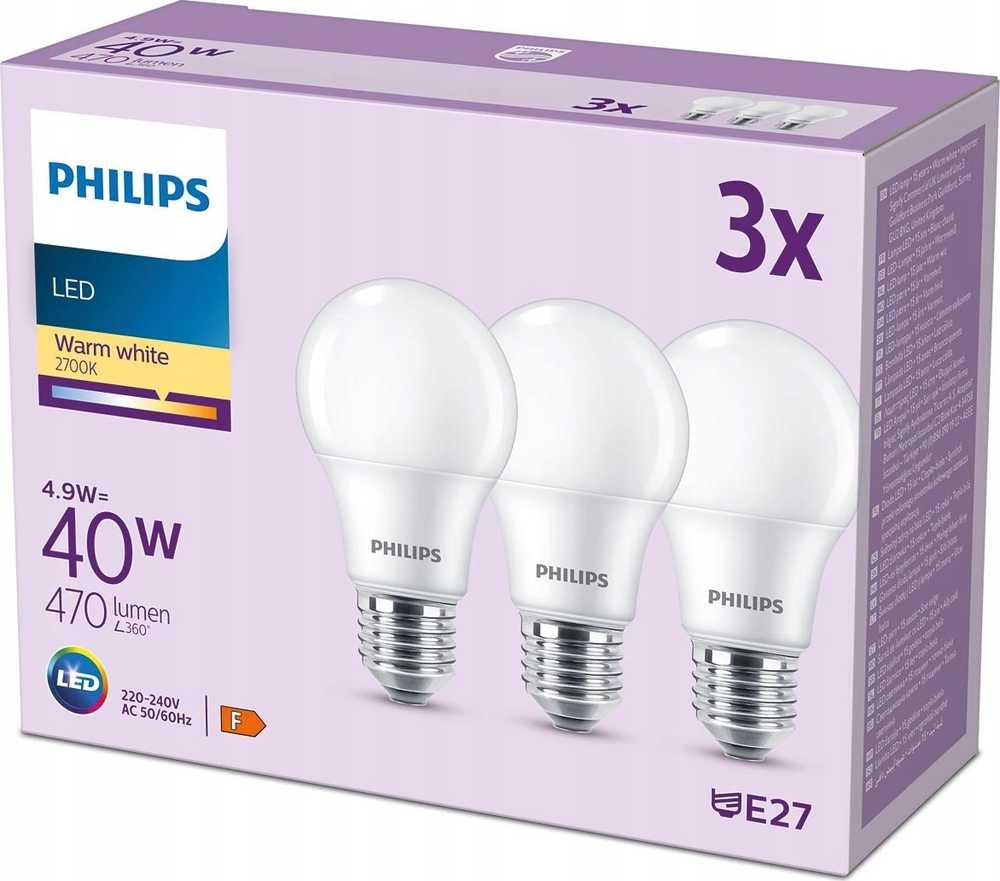 Signify „Philips“ LED klasikinė lempa 40W E27 šiltai balta 470lm matinė 3 vnt. pakuotėje