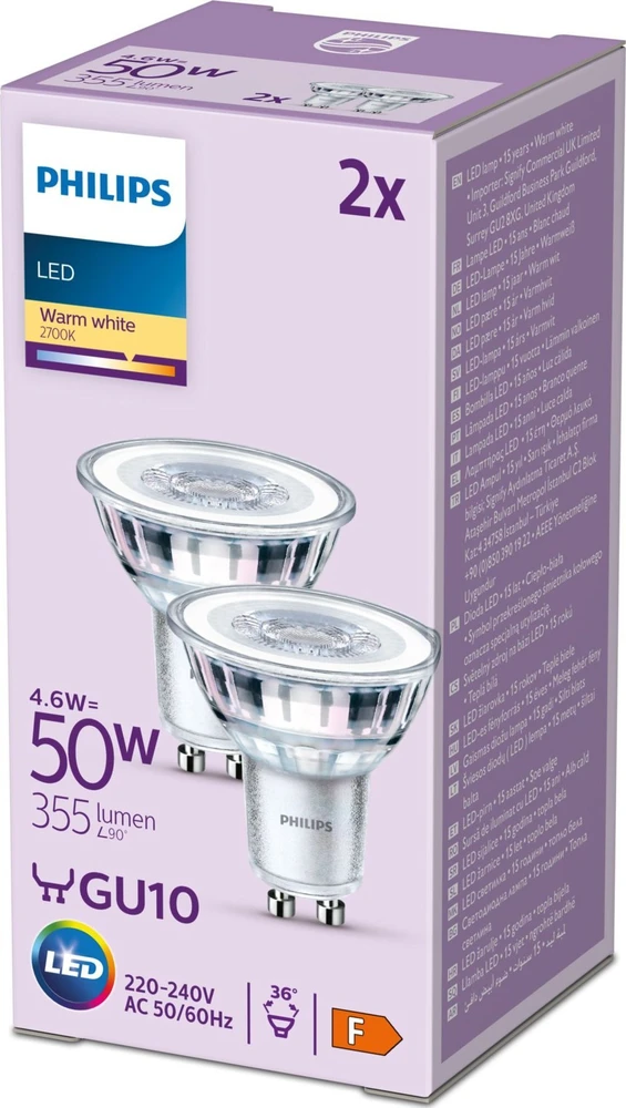 Signify „Philips“ LED klasikinė lempa 50 W GU10 šiltai balta 355 lm sidabrinė 2 vnt. pakuotėje
