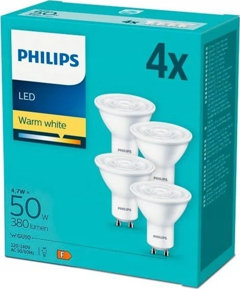 Signify Philips LED klasikinė lempa 50W GU10 šiltai balta 345lm balta 4 pakuotės