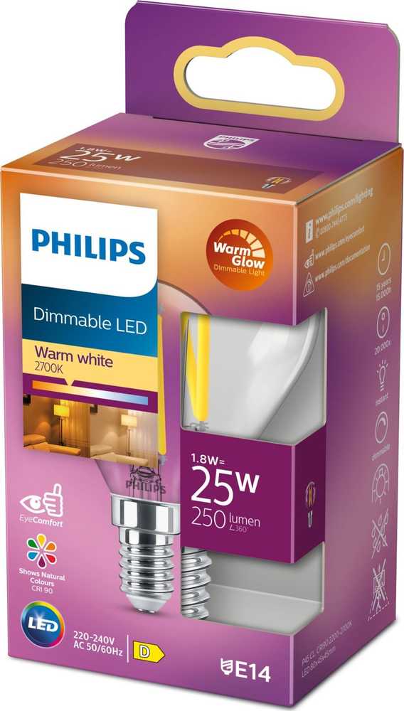 Signify Philips LED classic WarmGlow lašo formos lemputė 25W E14 skaidri, reguliuojamo ryškumo