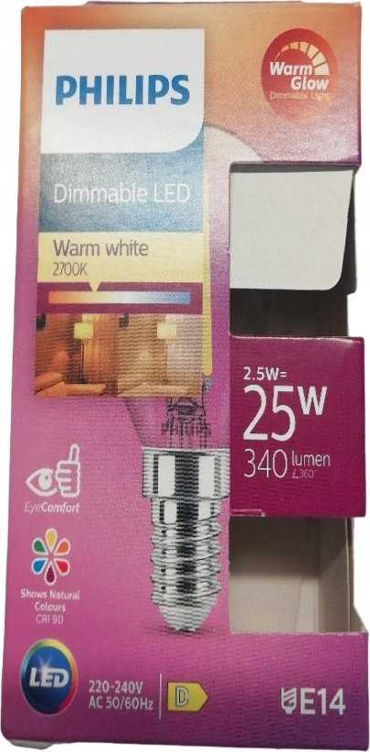 Signify Philips LED classic WarmGlow lašo formos lemputė 25W E14 skaidri, reguliuojamo ryškumo