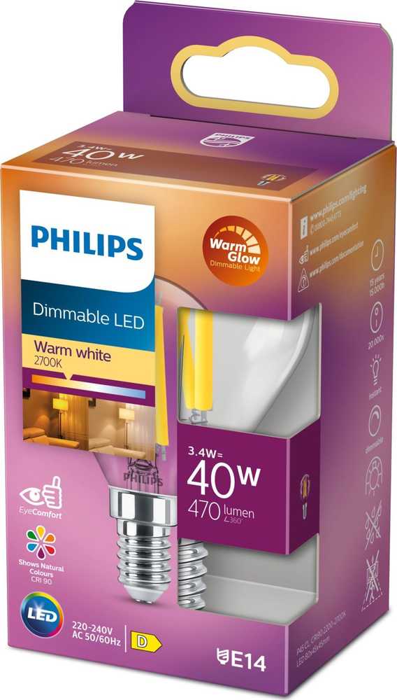 Signify Philips LED klasikinė WarmGlow lemputė 40 W E14 skaidriai pritemdoma