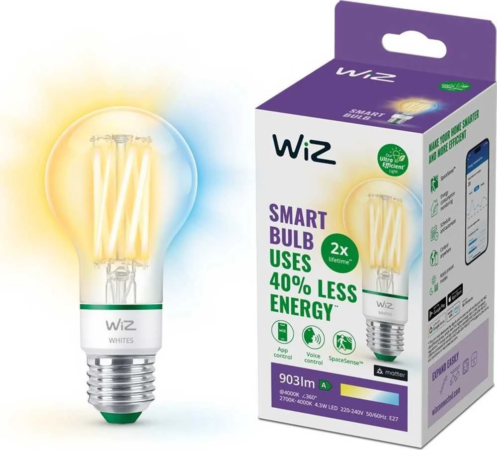 Nezatříděno „Signify WiZ Baltas“ 60 W E27 A60 standartinė kaitrinė lemputė, skaidri, reguliuojamo ilgio, vienguba