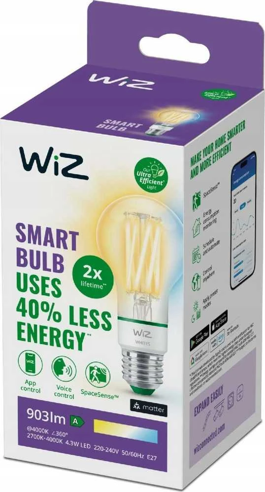 Nezatříděno „Signify WiZ Baltas“ 60 W E27 A60 standartinė kaitrinė lemputė, skaidri, reguliuojamo ilgio, vienguba