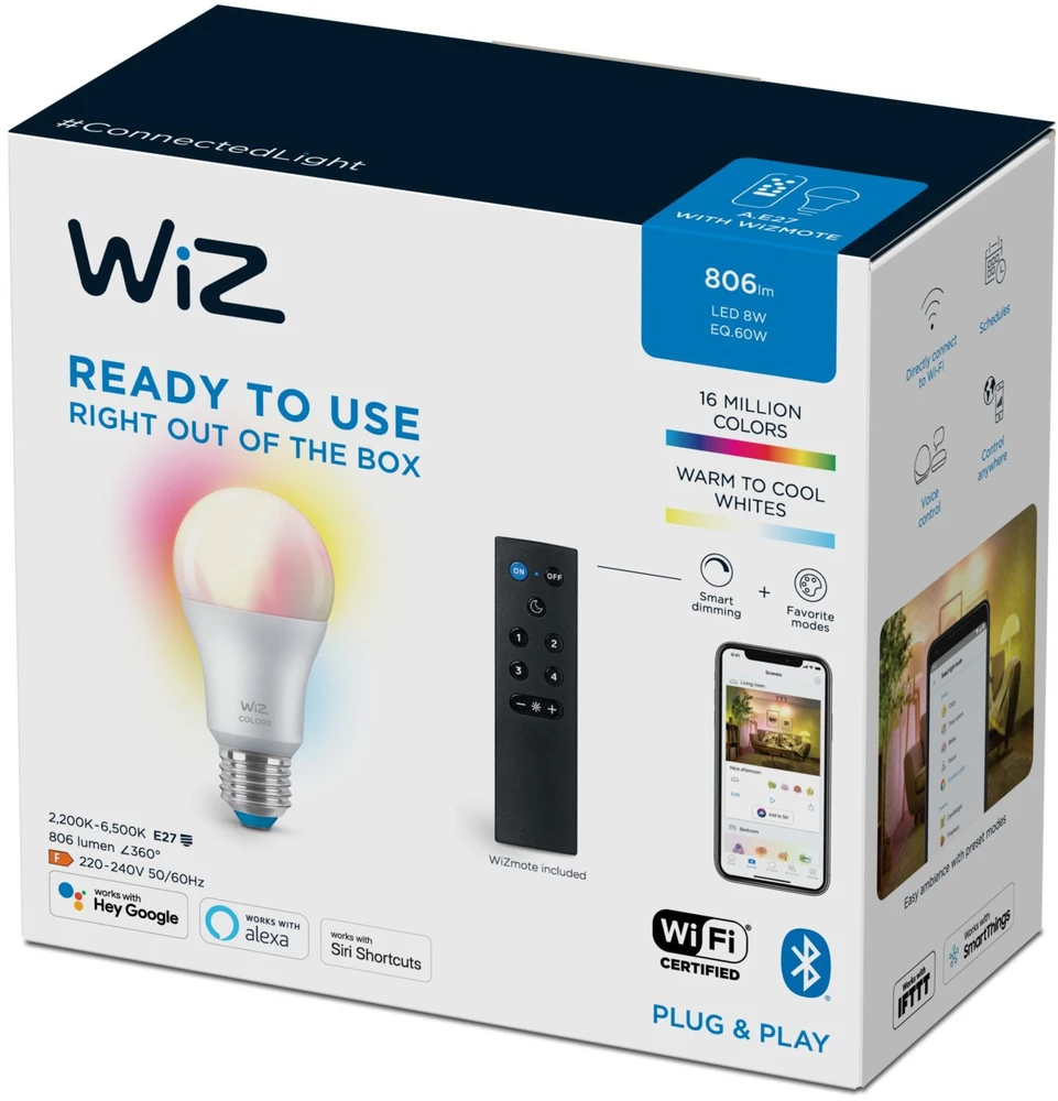 Nezatříděno „Signify WiZ Baltas & Color“ 60 W E27 A60 „Standardform 1er“ + nuotolinio valdymo pultas