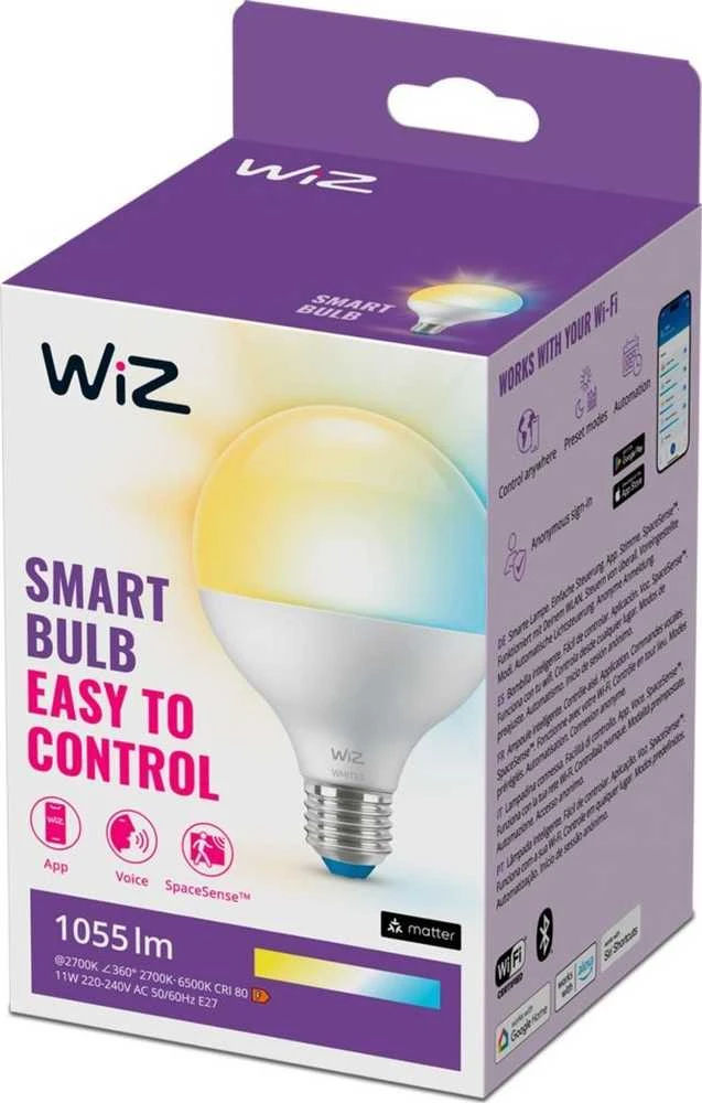 „Signify WiZ Baltas Globe“ E27 reguliuojama 75 W matinė lemputė, viena pakuotė