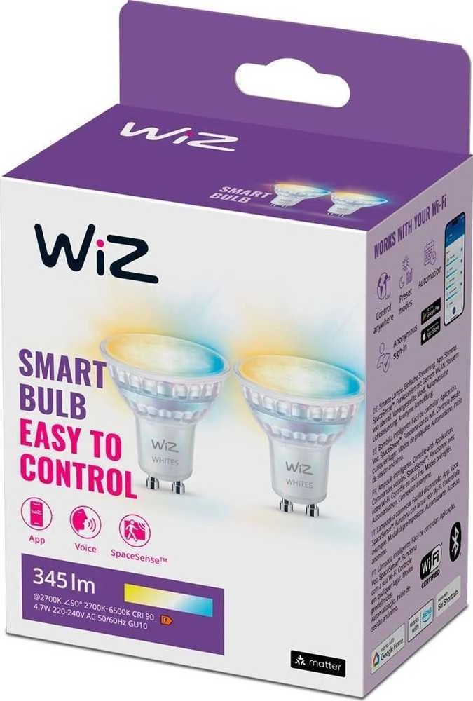 Signify WiZ Baltas GU10 Tunable 60W Glas Zweierpack