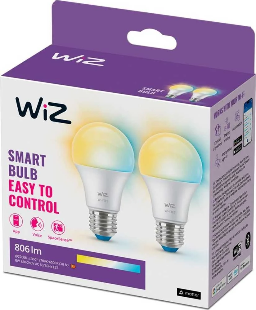 Signify WiZ Baltas Lampe E27 Tunable 60W matt Zweierpack