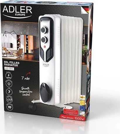 Adler | Alyva užpildytas radiatorius | AD 7815 | Alyva užpildytas radiatorius | 1500 W | Galios lygių skaičius 3 | Baltas