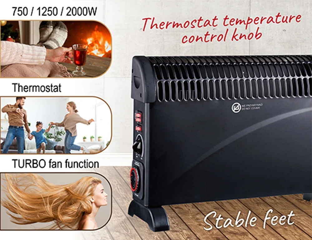 Adler Mesko | Konvektorius šildytuvas su laikmačiu ir turbo ventiliatoriumi | MS 7741b | Konvekcinis šildytuvas | 2000 W | Galios lygių skaičius 3 | Juodas