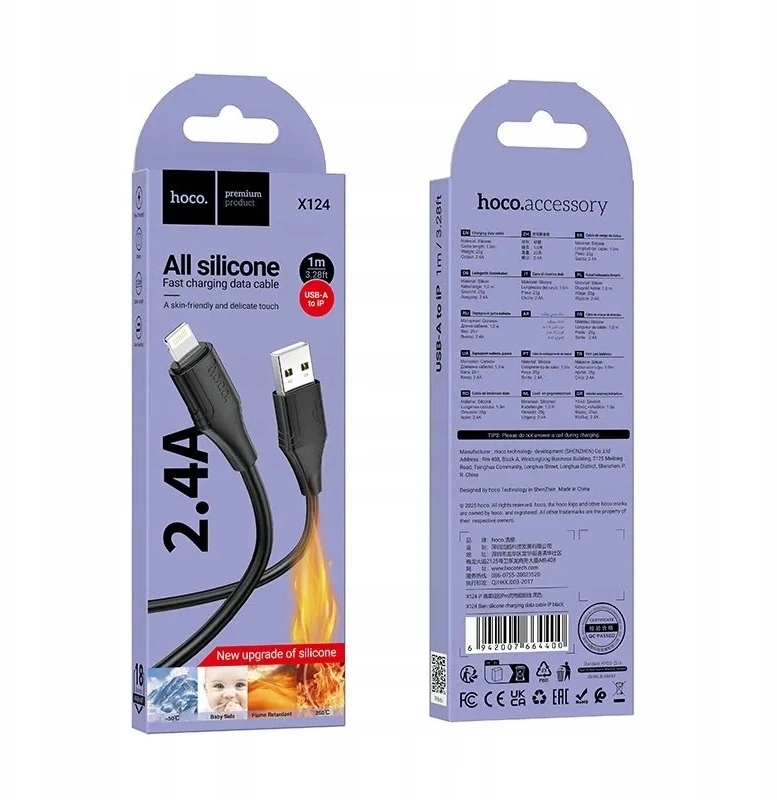 Silikoninis laidas USB A į Lightning Hoco 2,4A 1 m X124 juodas