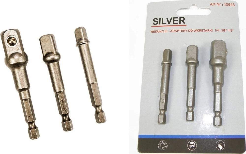 SILVER Sidabrinis KOMPLET ADAPTERÓW / UCHWYTÓW DO NASADEK 3 vnt.. 1/2-3/8-1/4"