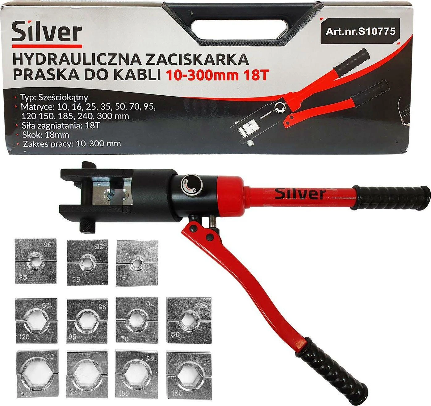 SILVER Sidabrinis Sidabrinis HIDRAULINIS KABELIŲ UŽSPAUDĖJAS 10-300 mm 18 TONŲ