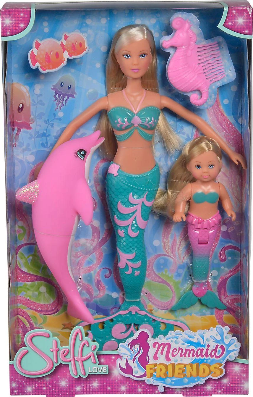 Simba Rinkinys Steffi i Evi syrenki 2 lalki Mermaid Friends + delfin i grzebień
